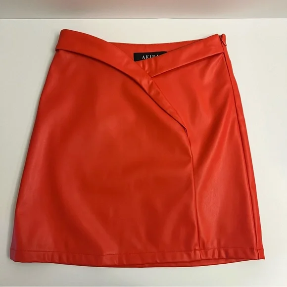 AKIRA Faux Leather Crossover Front Mini Skirt-Orange Red - Picture 1 of 9